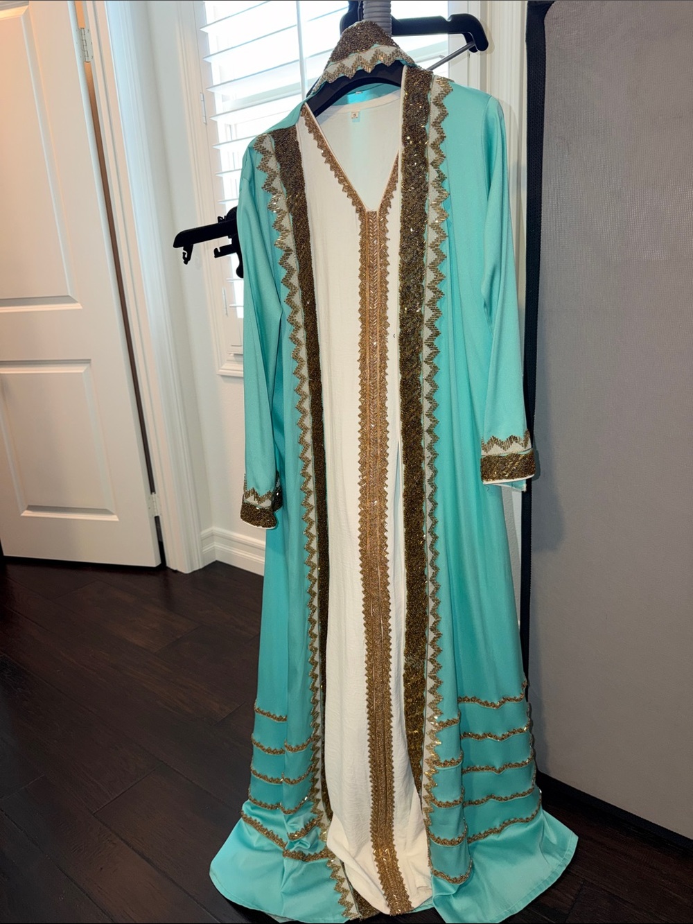 Turquoise & gold Embellished Long kaftan w/ undergarment dress & matching belt
